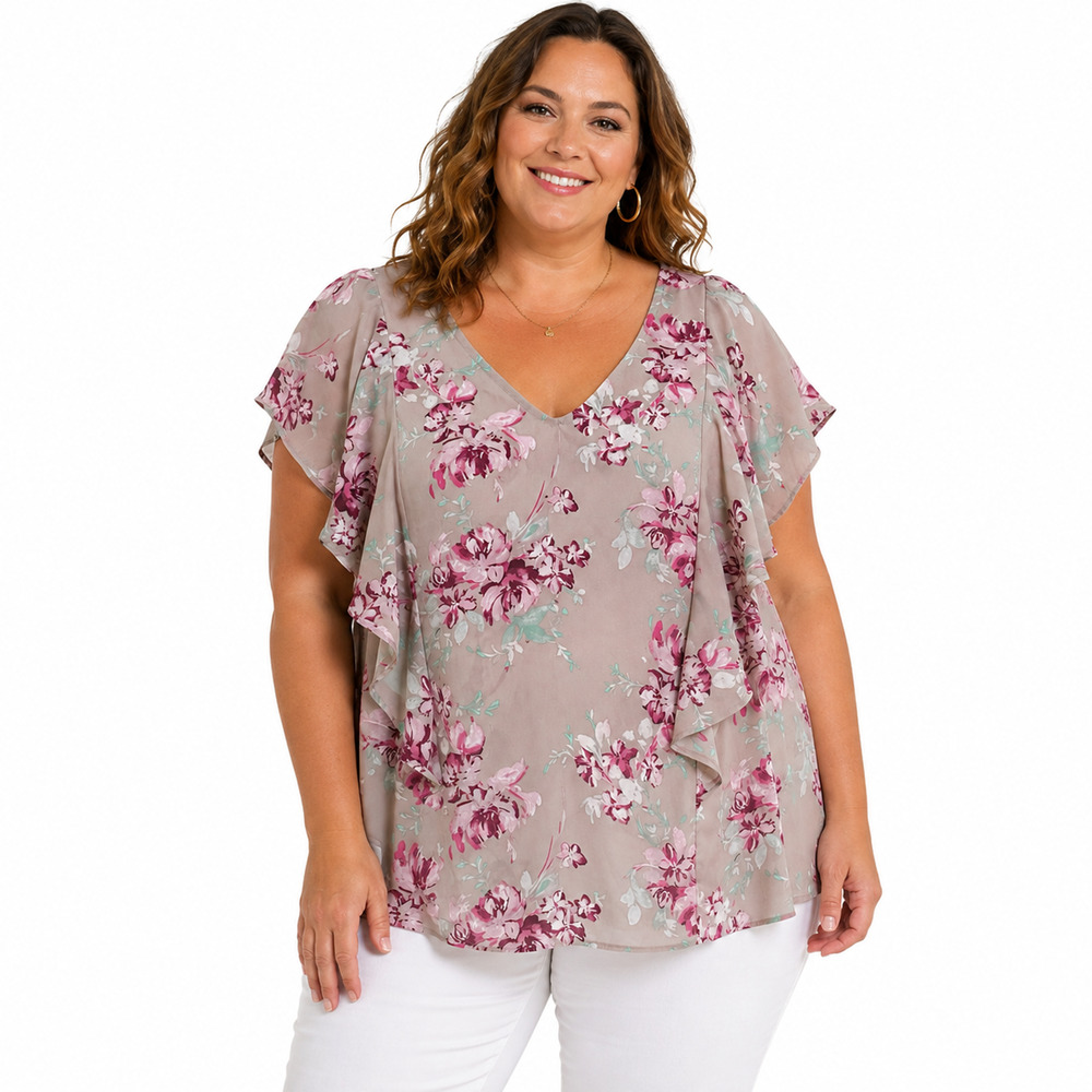 Torrid Womens Gray Purple Floral Short Sleeve Ruffle V-Neck Top Shirt Blouse 2X